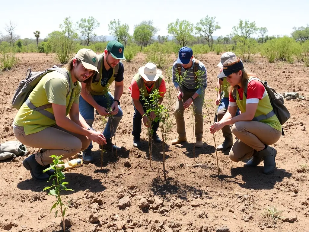 A group of volunteers planting trees in a deforested area, symbolizing habitat restoration efforts.