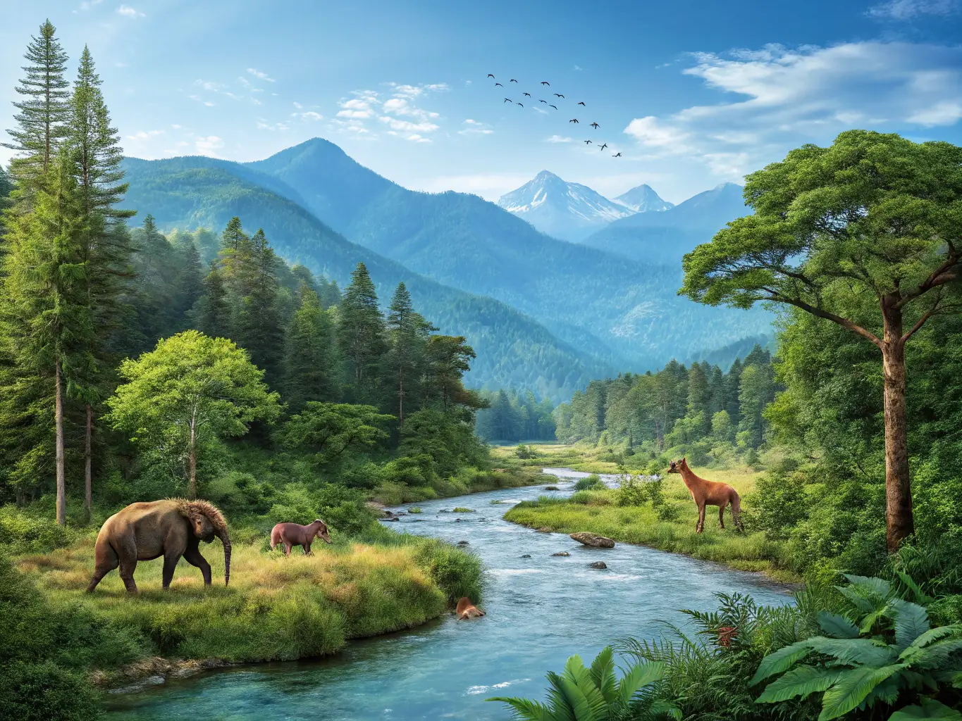 A vibrant image of local hunters and ecologists working together in a lush natural habitat, illustrating active conservation efforts.