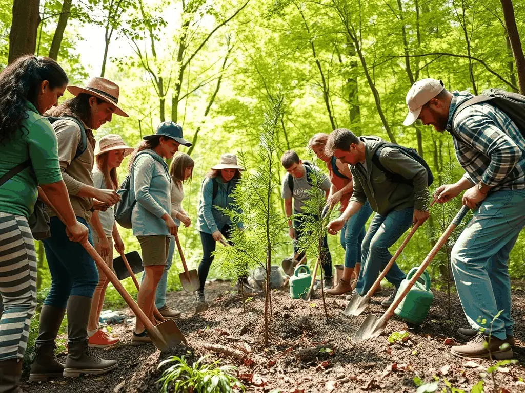 A group of community members participating in a clean-up event in a local forest, showcasing community involvement in conservation.