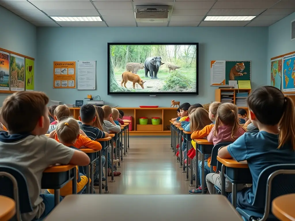 A classroom setting where an instructor is teaching children about local wildlife and conservation practices.