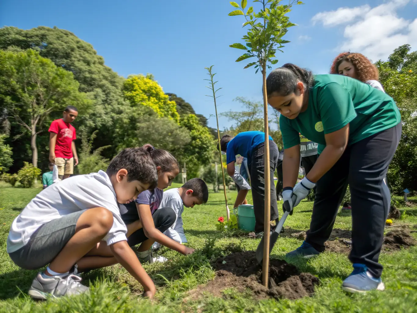 A group of community members and children participating in an outdoor ecological workshop led by organization members.